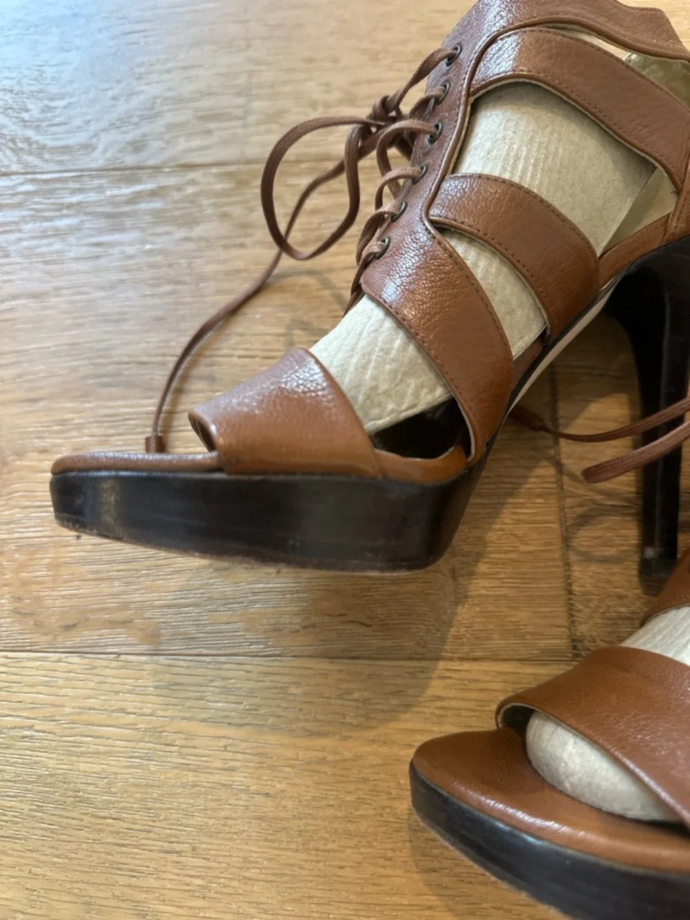 Stuart Weitzman Cognac Leather Lace-Up Platform Stiletto Sandal | Size 5.5